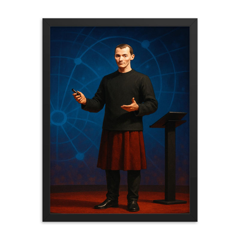 Niccolò Machiavelli giving a presentation on a stage like a modern tech talk framed print on a plain backdrop in size 18