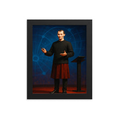 Niccolò Machiavelli giving a presentation on a stage like a modern tech talk framed print on a plain backdrop in size 8"x10".