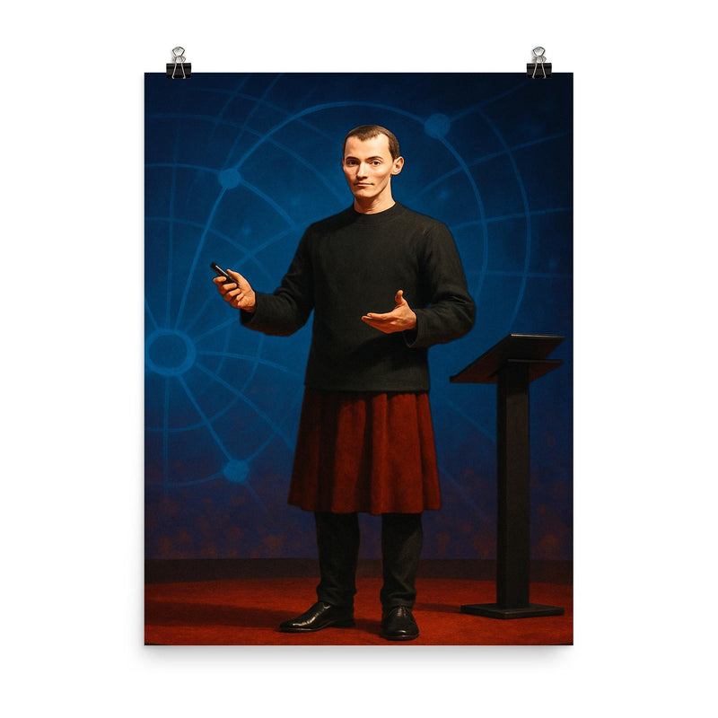 Niccolò Machiavelli giving a presentation on a stage like a modern tech talk poster on a plain backdrop in size 8