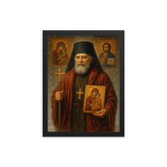 Nicholas of Japan amid snow and icons framed print on a plain backdrop in size 12"x16".