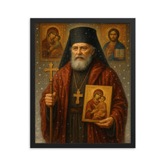 Nicholas of Japan amid snow and icons framed print on a plain backdrop in size 16"x20".