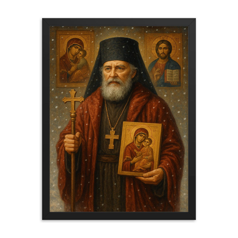Nicholas of Japan amid snow and icons framed print on a plain backdrop in size 18