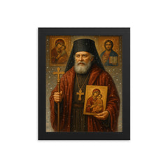 Nicholas of Japan amid snow and icons framed print on a plain backdrop in size 8"x10".