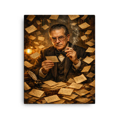Nicolás Gómez Dávila among aphorism cards canvas print on a plain backdrop in size 16"x20".