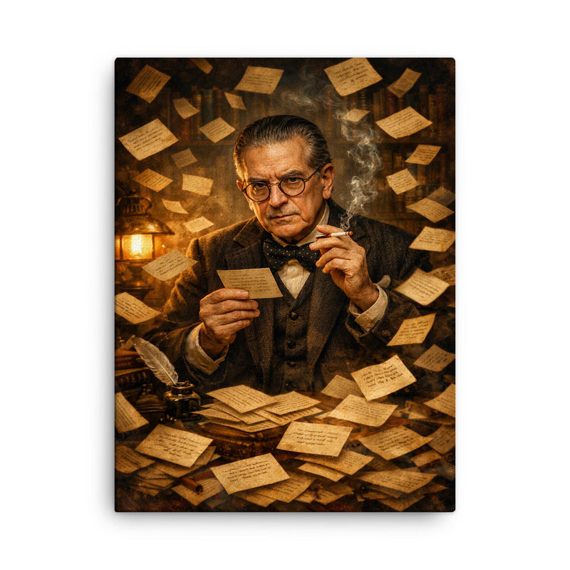 Nicolás Gómez Dávila among aphorism cards canvas print on a plain backdrop in size 18