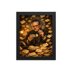 Nicolás Gómez Dávila among aphorism cards framed print on a plain backdrop in size 8"x10".