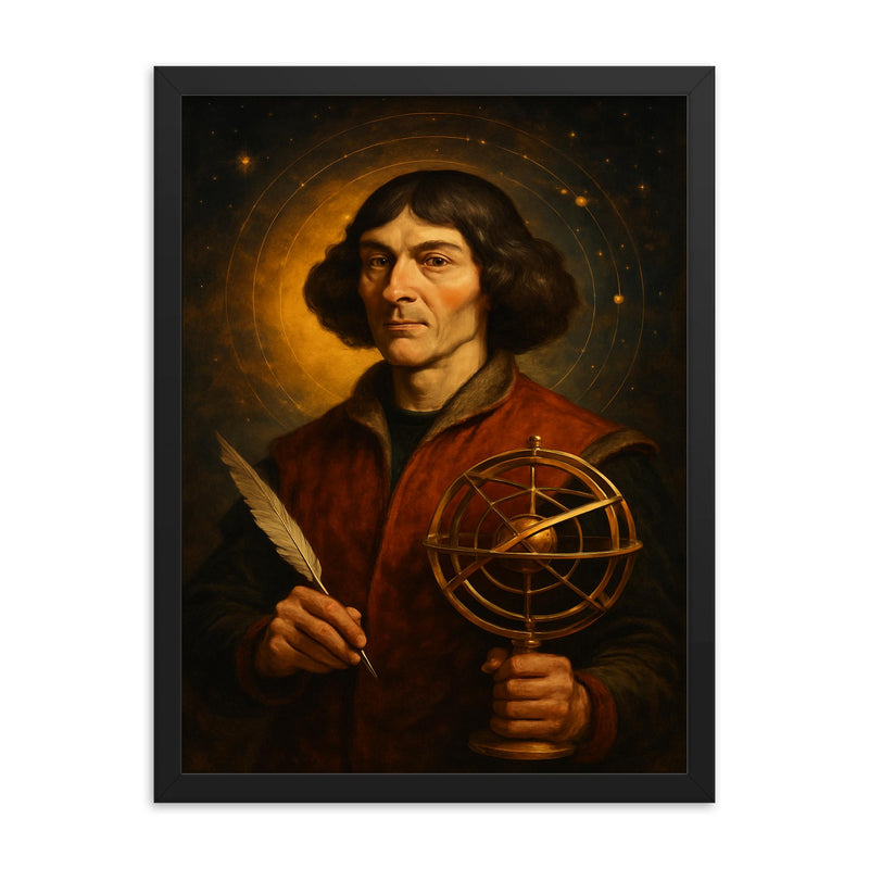 Nicolaus Copernicus framed print on a plain backdrop in size 18