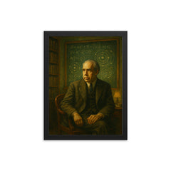 Niels Bohr in a blackboard lit Copenhagen study framed print mockup 12x16