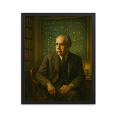 Niels Bohr in a blackboard lit Copenhagen study framed print mockup 16x20