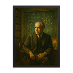 Niels Bohr in a blackboard lit Copenhagen study framed print mockup 18x24