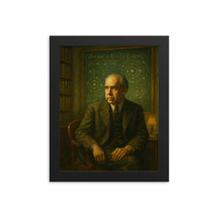 Niels Bohr in a blackboard lit Copenhagen study framed print mockup 8x10