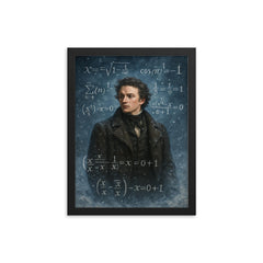Niels Henrik Abel in snow with impossible equations framed print on a plain backdrop in size 12"x16".