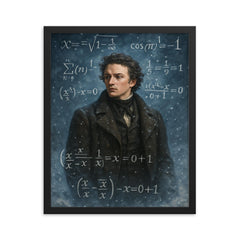 Niels Henrik Abel in snow with impossible equations framed print on a plain backdrop in size 16"x20".