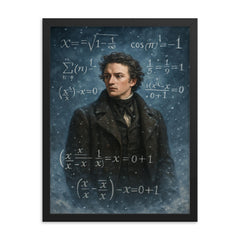 Niels Henrik Abel in snow with impossible equations framed print on a plain backdrop in size 18"x24".