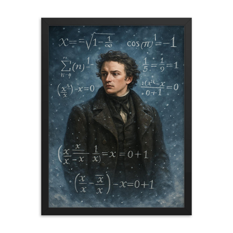 Niels Henrik Abel in snow with impossible equations framed print on a plain backdrop in size 18