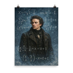 Niels Henrik Abel in snow with impossible equations poster on a plain backdrop in size 8"x10".