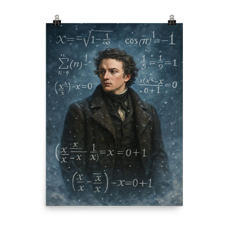 Niels Henrik Abel in snow with impossible equations poster on a plain backdrop in size 8