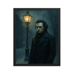 Niels Henrik Abel in winter streetlight gloom framed print on a plain backdrop in size 16"x20".