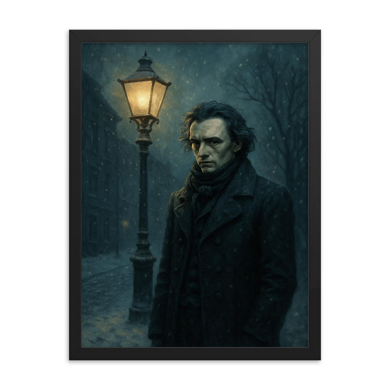 Niels Henrik Abel in winter streetlight gloom framed print on a plain backdrop in size 18