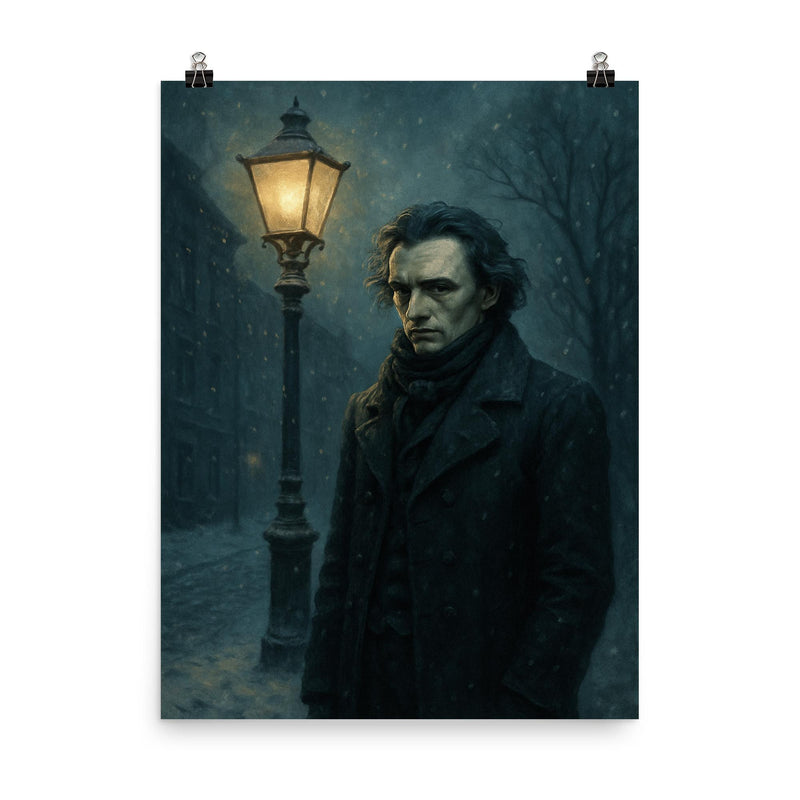 Niels Henrik Abel in winter streetlight gloom poster on a plain backdrop in size 8