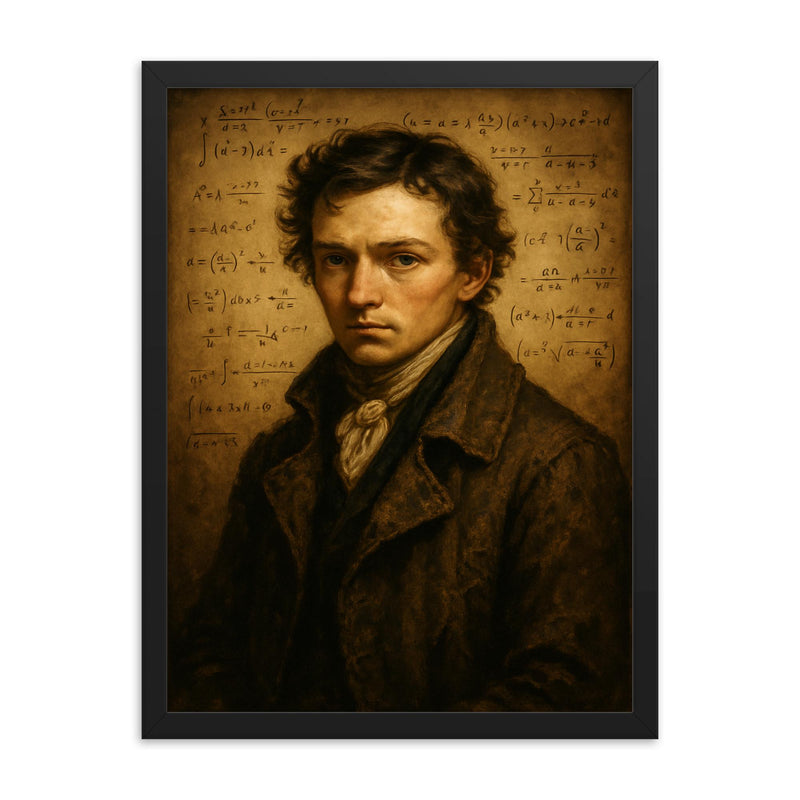 Niels Henrik Abel threadbare coat and formulas framed print on a plain backdrop in size 18
