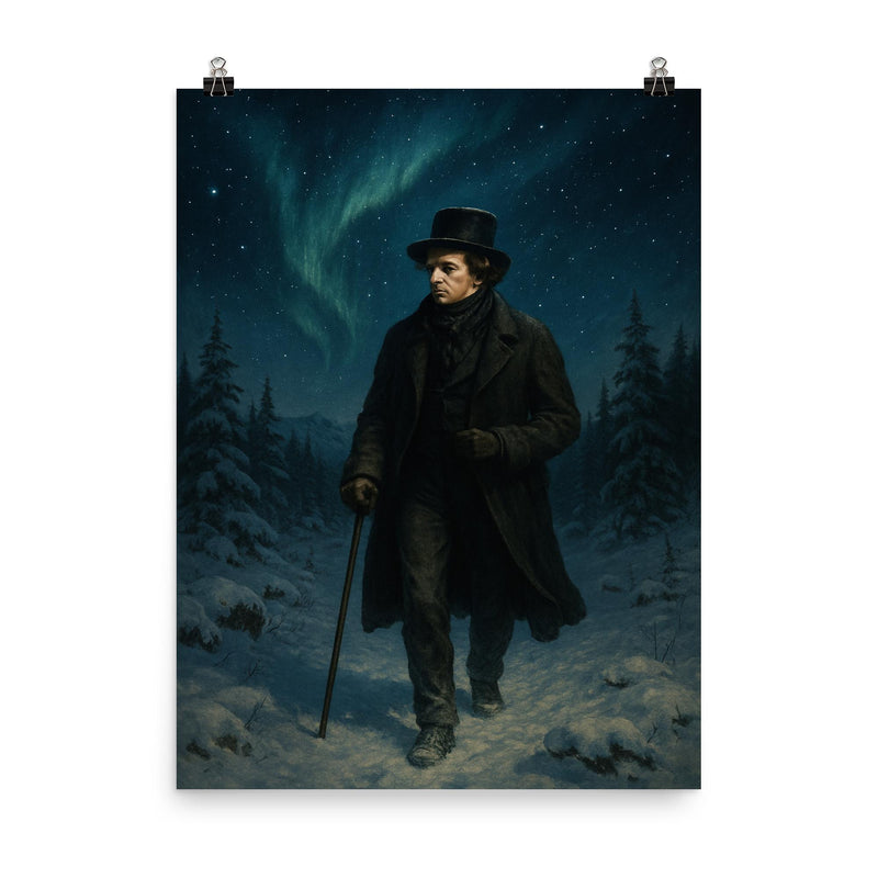 Niels Henrik Abel wandering snowy Nordic night poster on a plain backdrop in size 8