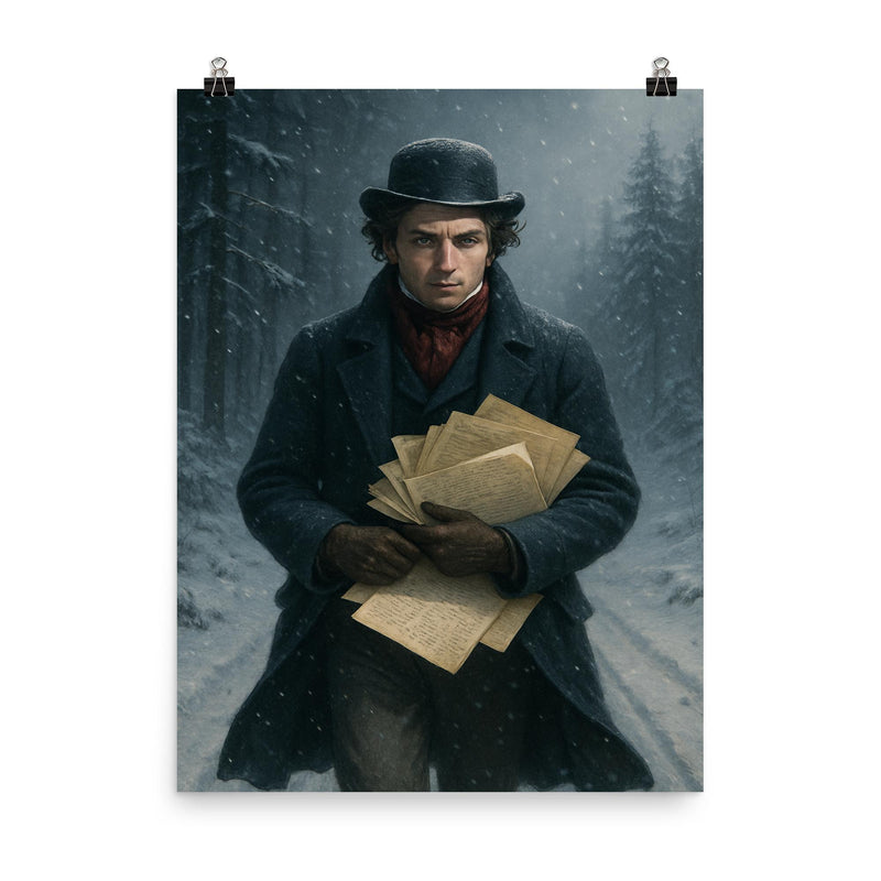 Niels Henrik Abel wandering snowy road with manuscripts poster on a plain backdrop in size 8