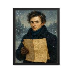 Niels Henrik Abel winter manuscript portrait framed print on a plain backdrop in size 16"x20".