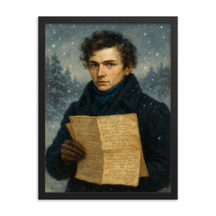 Niels Henrik Abel winter manuscript portrait framed print on a plain backdrop in size 18"x24".