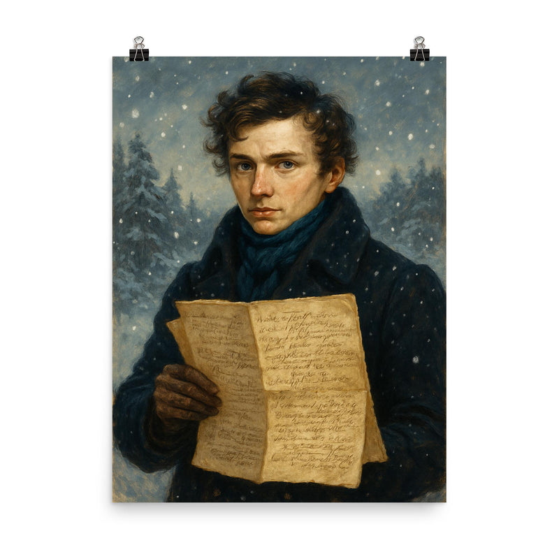 Niels Henrik Abel winter manuscript portrait poster on a plain backdrop in size 8