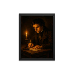 Niels Henrik Abel writing by candlelight framed print on a plain backdrop in size 12"x16".