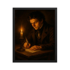 Niels Henrik Abel writing by candlelight framed print on a plain backdrop in size 16"x20".