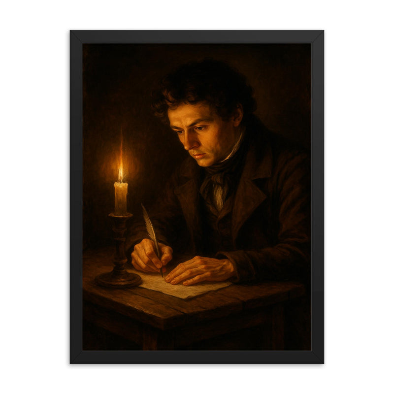 Niels Henrik Abel writing by candlelight framed print on a plain backdrop in size 18
