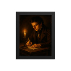 Niels Henrik Abel writing by candlelight framed print on a plain backdrop in size 8"x10".