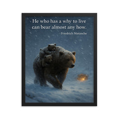 Nietzsche quote mother bear carrying cubs framed print on a plain backdrop in size 16"x20".