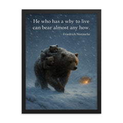 Nietzsche quote mother bear carrying cubs framed print on a plain backdrop in size 18"x24".
