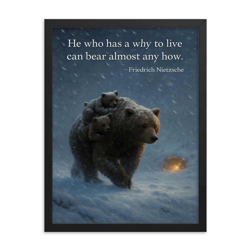 Nietzsche quote mother bear carrying cubs framed print on a plain backdrop in size 18