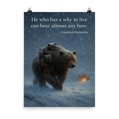 Nietzsche quote mother bear carrying cubs poster on a plain backdrop in size 8"x10".