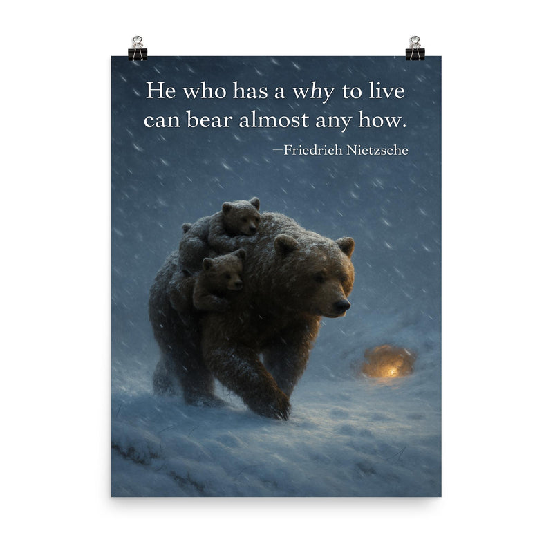 Nietzsche quote mother bear carrying cubs poster on a plain backdrop in size 8
