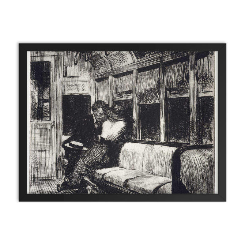 Night on the L Train by Edward Hopper, 1918 framed print on a plain backdrop in size 18
