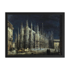 Night on the Piazza del Duomo by Angelo Inganni framed print on a plain backdrop in size 18"x24".