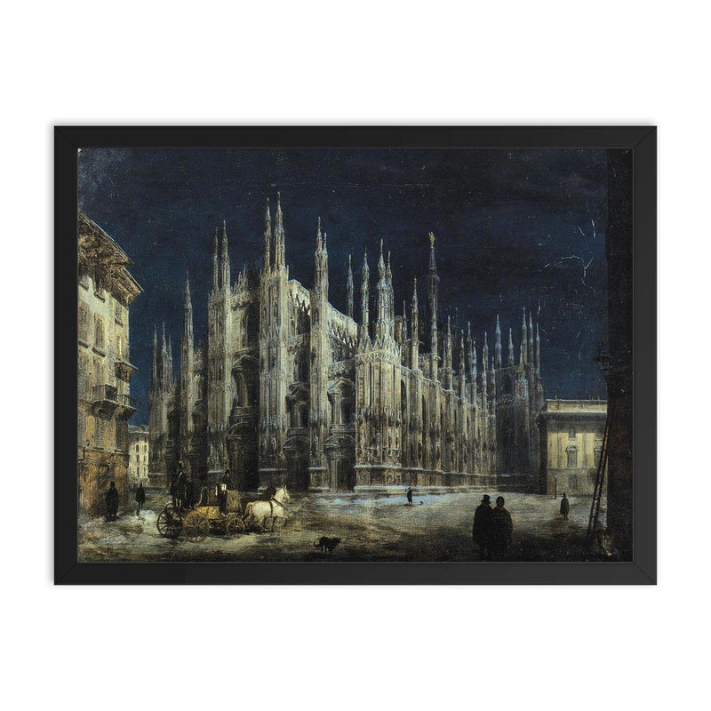 Night on the Piazza del Duomo by Angelo Inganni framed print on a plain backdrop in size 18
