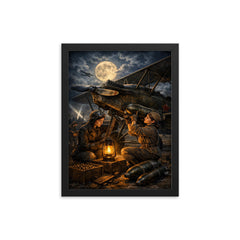 Night Witches mechanic rearming biplane by lantern framed print on a plain backdrop in size 12"x16".