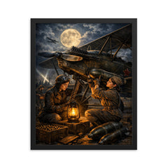 Night Witches mechanic rearming biplane by lantern framed print on a plain backdrop in size 16"x20".