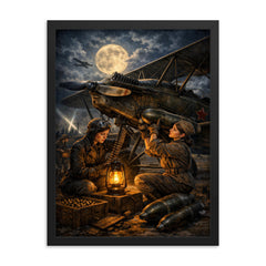 Night Witches mechanic rearming biplane by lantern framed print on a plain backdrop in size 18"x24".