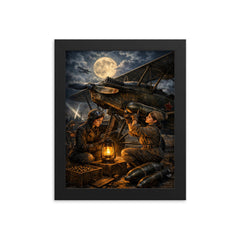 Night Witches mechanic rearming biplane by lantern framed print on a plain backdrop in size 8"x10".