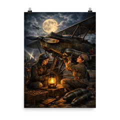 Night Witches mechanic rearming biplane by lantern poster on a plain backdrop in size 8"x10".