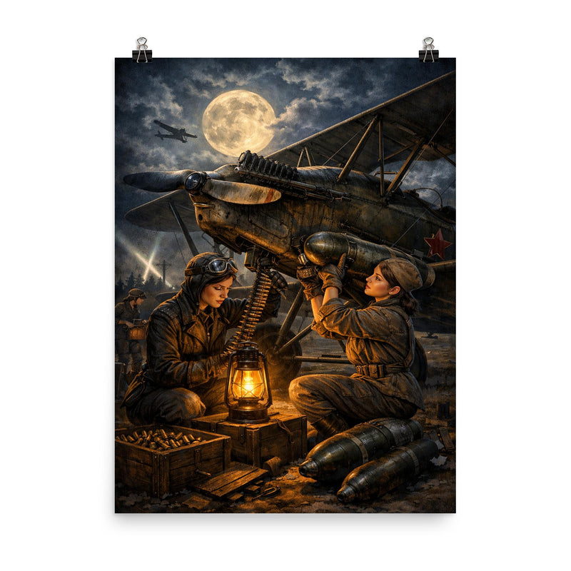 Night Witches mechanic rearming biplane by lantern poster on a plain backdrop in size 8