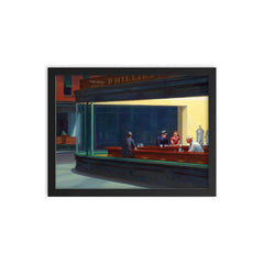 Nighthawks by Edward Hopper framed print on a plain backdrop in size 12"x16".