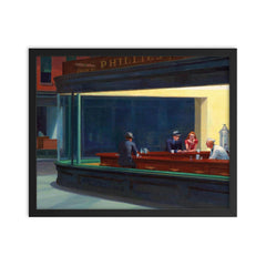 Nighthawks by Edward Hopper framed print on a plain backdrop in size 16"x20".